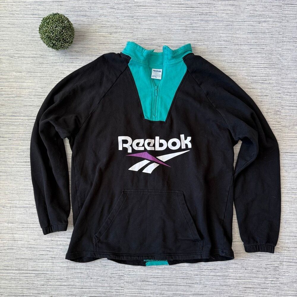 Vintage Reebok Classics Vector 1/4 Zip Sweatshirt Black Teal Size Large